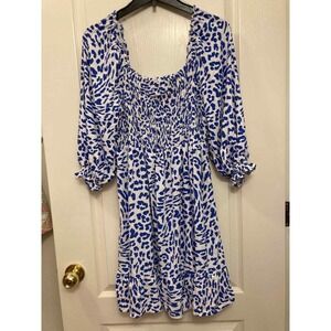 theGet Women's Mini Dress Blue White Leopard Print Smocked Square‎ Neck S